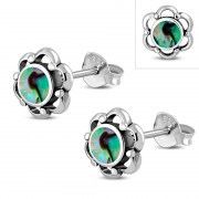 Large Abalone Shell Flower Stud Silver Earrings, e334